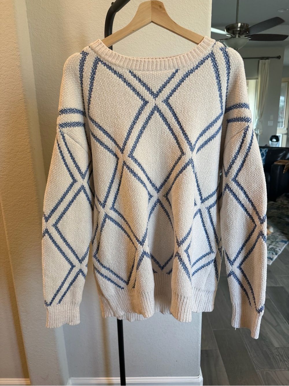 NET.153 Chenille Geometric Sweater Women’s XL Cream Blue Oversized Pullover